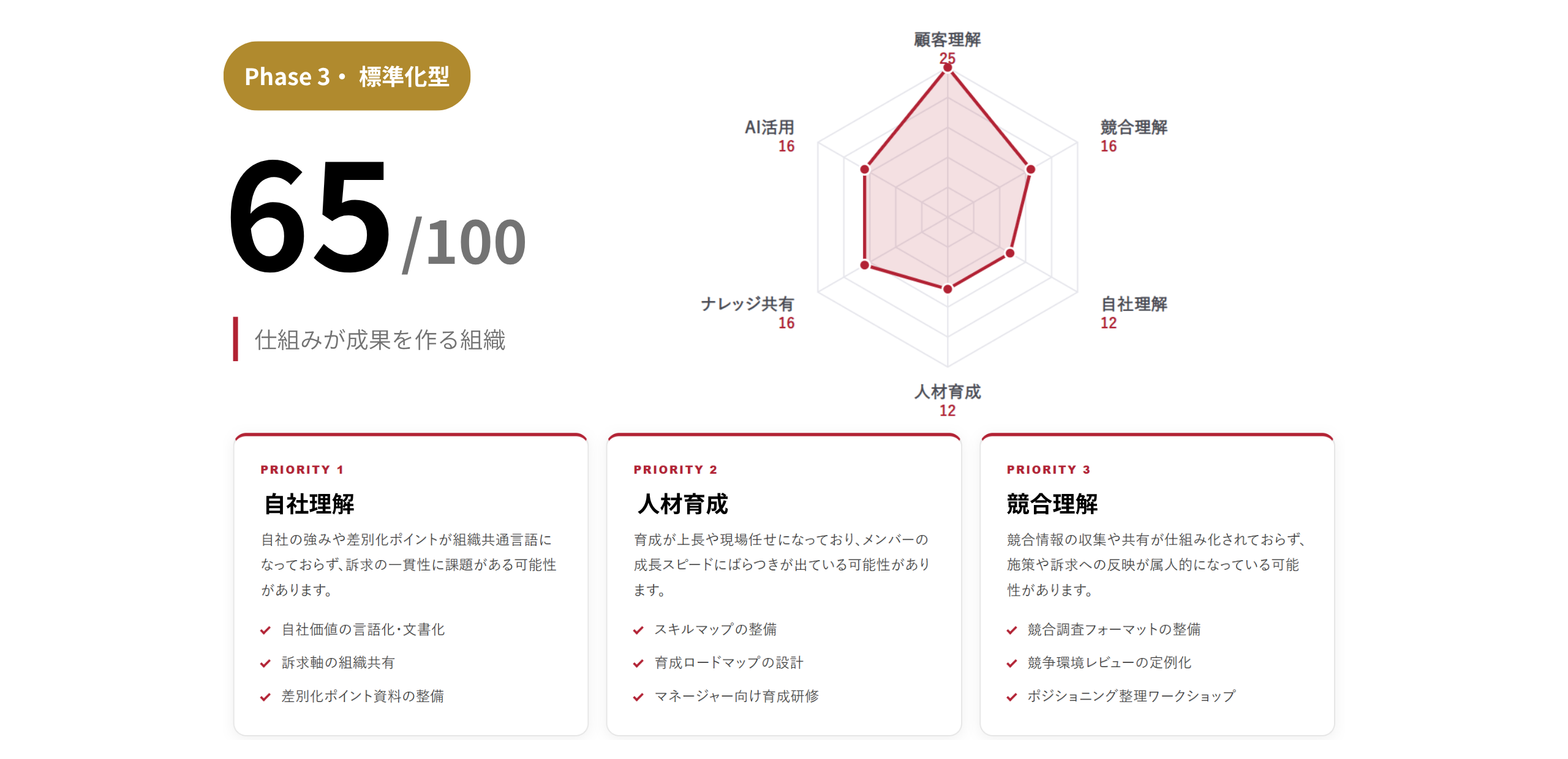 診断結果のイメージ（Phase 3・標準化型、総合スコア65点、6領域のレーダーチャートと優先して取り組む3領域）