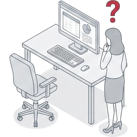 空席のデスクの横で、読み解けない画面を前に困っている人のイラスト