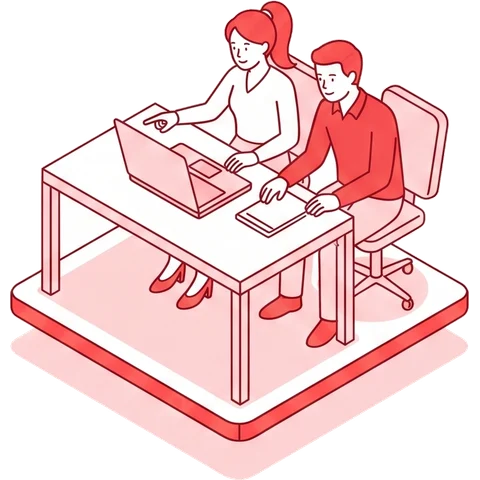 2名が1台のノートPCを一緒に見て操作しているイラスト