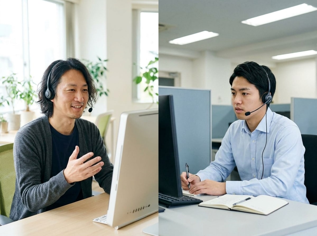左はデジプロの広告運用担当者、右は受講する新卒社員を並べた分割構図。ヘッドセットをつけた両者がそれぞれの職場からオンラインでつながり、広告運用の指導を受けている様子。