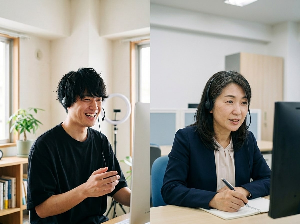 左にSNS運用の専門家、右に受講する企業の担当者を並べた分割構図。ヘッドセットをつけた両者がそれぞれの場所からオンラインでつながり、指導を受けている様子。