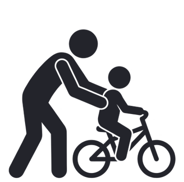大人が後ろから支えながら、子どもが自分で自転車をこいでいるピクトグラム。